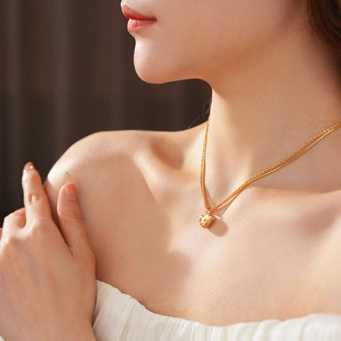 Collar De Doble Capa Con Colgante De Corazón Cobre Chapado En Oro Real Circonita Cadena De Clavícula Para Mujeres Joyería Vintage