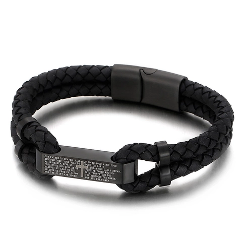 Bracciale In Pelle Intrecciata Da Uomo Con Placca In Acciaio Inossidabile Croce Preghiera Religioso