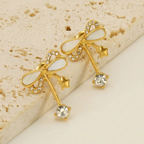 Pendientes Colgantes De Lazo Acero Inoxidable Chapado En Oro 18K Con Concha Estrella Y Circonita Para Mujer