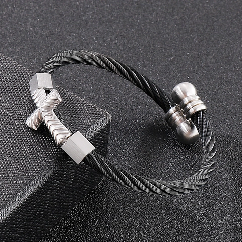 Men Stainless Steel Cross Cable Wire Bangle Open Cuff Bracelet Punk Religious Style Jewelry