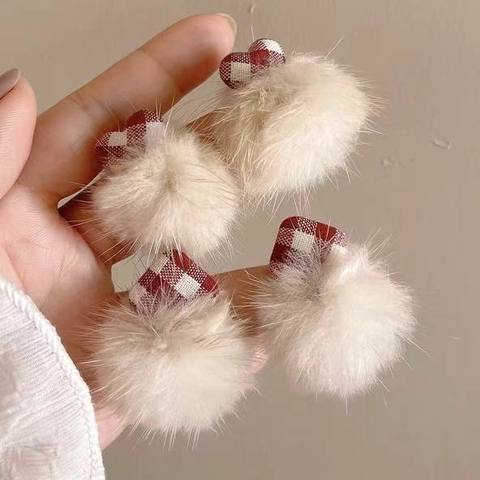 Rote Karomuster Herz Plüsch Pom Pom Ohrstecker Mit 925 Sterling Silber Ohrring Stecker Süßer Koreanischer Stil Für Damen