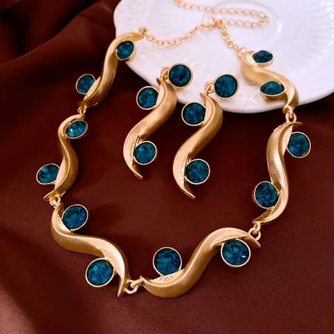 Collana E Orecchini Di Gioielli In Lega A Forma Di Onda Con Strass Tondi Blu Stile Retro Elegante Vintage Per Donna