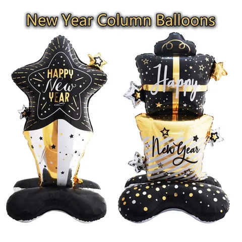 Ballon Debout Bonne Année Colonne Décorative En Aluminium Avec Base Pour Célébration De Fête Thème Noir Or