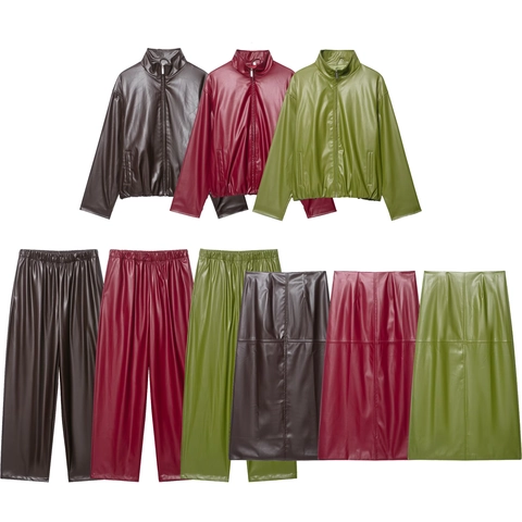 Damen Kunstlederjacke Oberteil Und Unterteil PU Enger Rock Weites Bein Hose Einfarbig Reißverschluss Streetwear Lässig Set