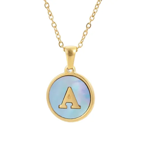 Alphabet Round Pendant Necklace 18K Gold Plated 304 Stainless Steel Blue Mother Of Artificial Pearl Initial For Women Elegant Commute