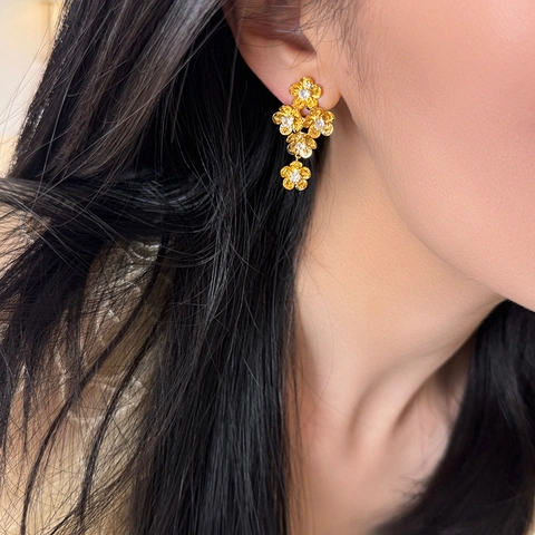 Vintage Flower Drop Earrings Alloy Brushed Gold With Zircon Inlay And Silver Earring Post For Women Elegant Jewelry