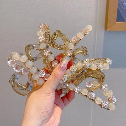 Große Kamelienblüte Haarklammer Künstliche Perle Rhinestone Harz Elegante Haargreifer Für Frauen Dickes Haar Accessoire