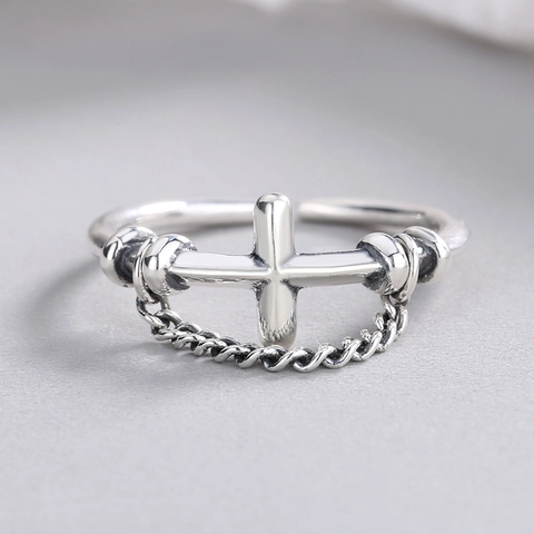 925 Sterling Zilveren Open Ring Met Kruis En Ketting Vintage Verstelbare Sieraden Cadeau Voor Vrouwen