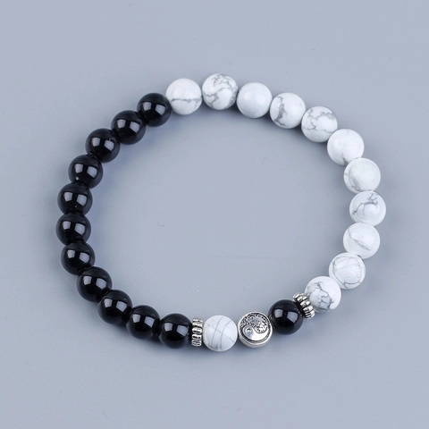 Tai Chi Yin Yang Beaded Bracelet With Black Agate And White Marble Stone Beads Alloy Spacers For Men And Women Zen Jewelry