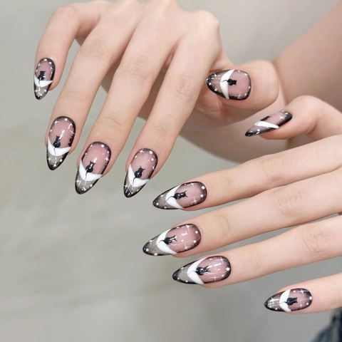 Uñas Postizas para Pegar Forma Almendra Gato Negro Luna Estrellas Degradado Francés Estilo Punk Oscuro Decoración de Uñas Mujer