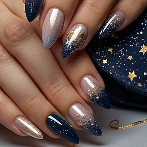 Almond Form Künstliche Nägel Sternenhimmel Blau Rosa Ombre Goldener Stern Glitzer Falsche Nägel