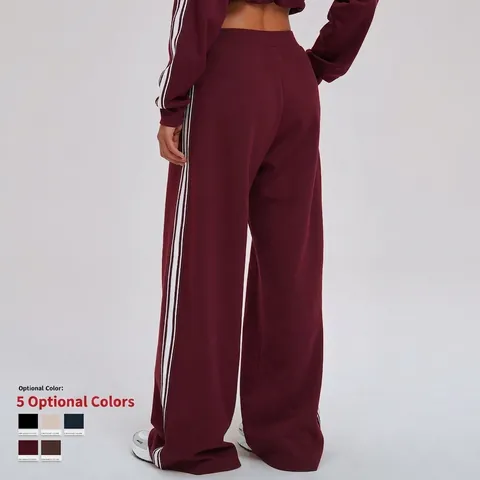 Pantalones De Chándal De Pierna Ancha Para Mujer Mezcla De Algodón Cintura Alta Rayas Laterales Ajuste Holgado Con Bolsillos