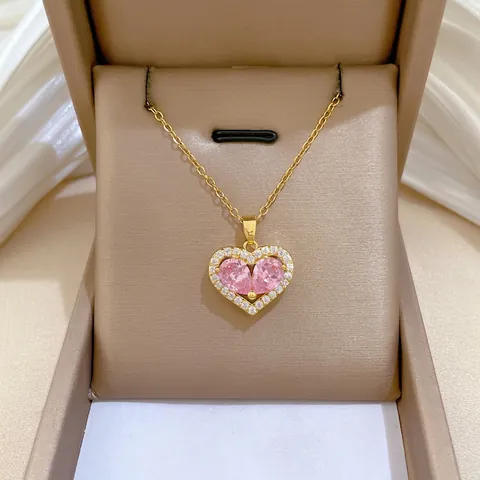 Heart Pendant Necklace Women Stainless Steel Chain Copper Pink Cubic Zirconia Micro Pave Luxury Clavicle Chain Jewelry