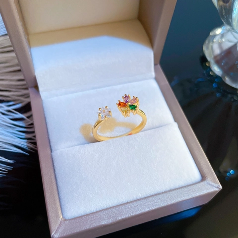 Colorful Cubic Zirconia Flower Star Adjustable Open Ring Alloy Gold Plated Elegant Niche Jewelry For Women