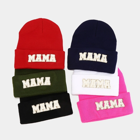 Berretto In Maglia Da Donna Acrilico Caldo Inverno Risvolto MAMA Lettera Patch Ricamo Moda Casual