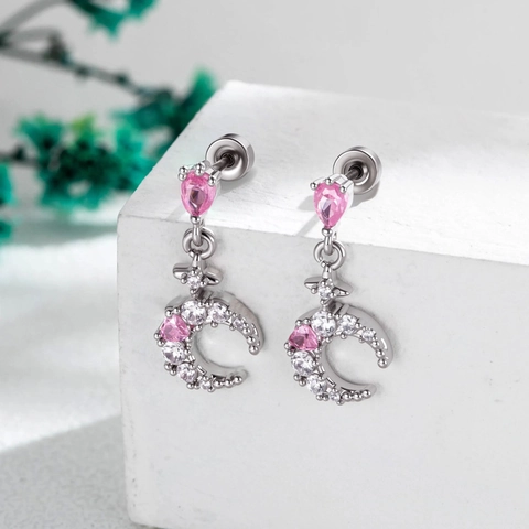Moon Star Pendant Ear Bone Stud Pink Heart Zircon Copper Titanium Steel Body Piercing Jewelry Vintage For Women