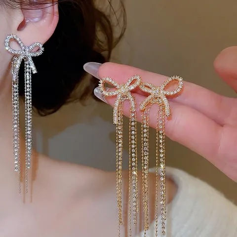 Orecchini Pendenti Fiocco Con Nappa Zircone Rame Con Perno In Argento Lunghi Eleganti Gioielli Per Donna