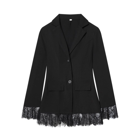 Women Elegant Lace Patchwork Blazer Long Sleeve Single Breasted Polyester Office Lady Jacket Outwear