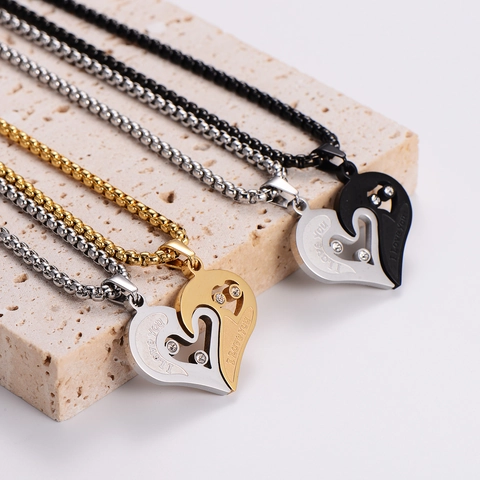 316L Stainless Steel Heart Pendant Couple Necklace With I Love You Engraved Rhinestone Romantic Fashion Jewelry Gift