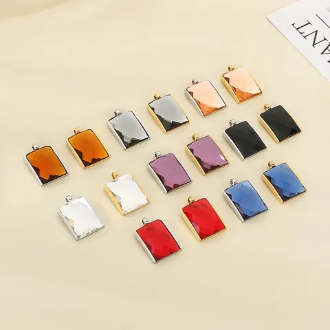 Rectangular Faceted Glass Pendant Vintage Stainless Steel Colorful Crystal Charm For DIY Jewelry Making Women Accessory