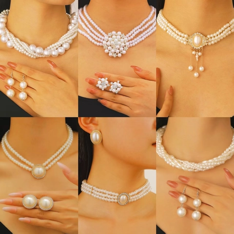 French Vintage Artificial Pearl Necklace Earring Pair For Women Alloy Rhinestone Floral Pendant Choker Wedding Party Jewelry