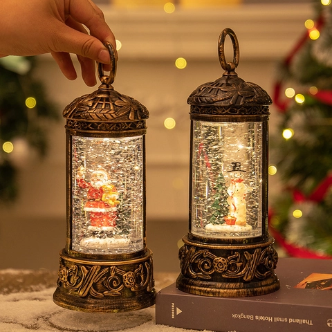 Lanterne Boule À Neige Noël Rétro Lumière LED Paillettes Scintillantes Lampe À Vent Suspendue Père Noël Bonhomme De Neige Décoration