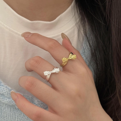 925 Sterling Silver Bow Ribbon Ring Wrinkled Texture Adjustable Open Design Minimalist Korean Style Jewelry For Women