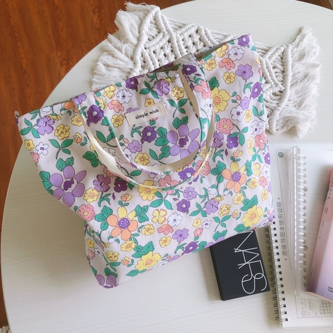 Women Cotton Canvas Handbag Zipper Small Tote Bag Fresh Floral Fruit Print Casual Daily Commute Sweet Pouch