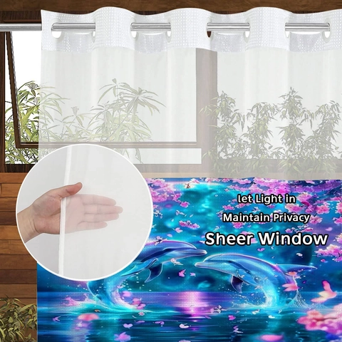 Waterdicht Polyester Douchegordijn Met Haakloze Ring Afneembare Voering En Gaasvenster Kunst Zeemeermin Dolfijn Patroon