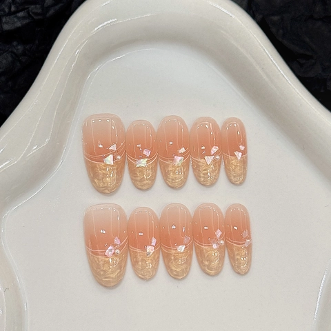 Press On Nails Pfirsichrosa Farbverlauf Gelee Textur Goldfolie Glitzer Französischer Stil Mandelform Handgefertigt