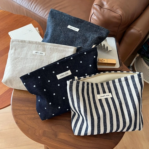 Retro Canvas Denim Makeup Bag Large Capacity Zippered Cosmetic Storage Pouch Polka Dot Striped Travel Clutch For Women