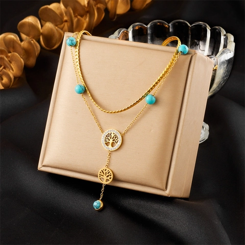 Collana con Ciondolo Albero della Vita in Acciaio Inossidabile Doppio Strato Placcato Oro Perle Turchese Artificiale Gioielli Donna