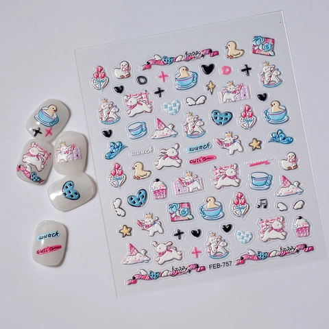 5D Embossed Nail Art Stickers Waterproof Self Adhesive Cartoon Rabbit Duck Heart Pattern DIY Manicure Decoration