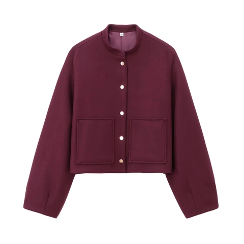 Dames Kort Wollen Jasje Geknoopt Crop Mantel Met Opgestikte Zakken Lange Mouwen Ronde Hals Casual Bovenkleding