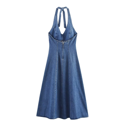 Abito Lungo In Denim Con Scollo All'americana E Schiena Scoperta Elegante Scollo A V Senza Maniche A-Line Blu
