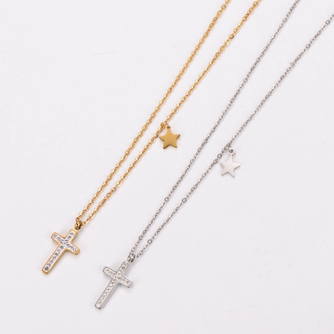 Collar Colgante Acero Inoxidable 304 Chapado En Oro 18K Cruz Strass Estrella Minimalista Ajustable Mujer