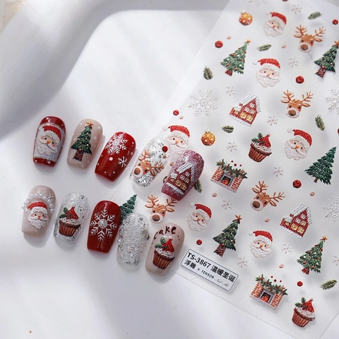 3D Embossed Christmas Nail Stickers Santa Claus Reindeer Snowflake Self Adhesive Manicure Decoration Festive Decals