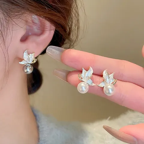Orecchini A Farfalla Con Perla Artificial Lega Smalto Borchie Con Perno In Argento Gioielli Eleganti Per Donna