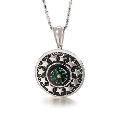 Stainless Steel Compass Pendant Functional Round Star Relief Punk Vintage Outdoor Jewelry For Men
