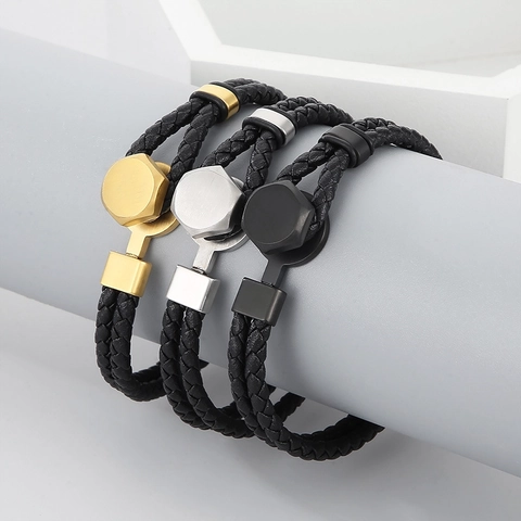 Herren Geflochtenes Lederarmband Mit Edelstahl Sechskantmutter Verschluss Doppelstrang Punk Stil Schmuck