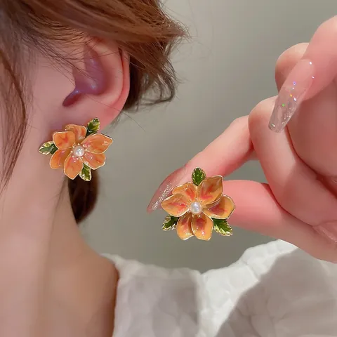 Enamel Flower Stud Earrings With Faux Artificial Pearl And 925 Sterling Silver Earring Post Sweet Vintage Jewelry For Women