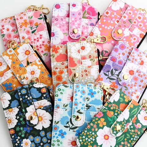 Women Floral Print PU Leather Mini Card Holder Wallet With Zipper Pocket Keychain Hook Functional Small Vertical Purse