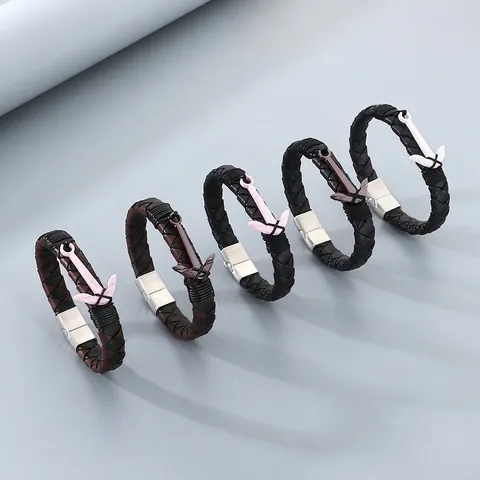 Bracciale Ancora Da Uomo Pelle Di Vacchetta Intrecciata Chiusura Magnetica In Acciaio Inossidabile Stile Nautico Vintage