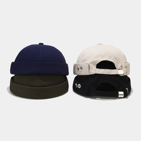 Berretto Docker Vintage In Cotone Senza Tesa Con Decorazione Bottoni In Conchiglia Fibbia In Metallo Regolabile Streetwear