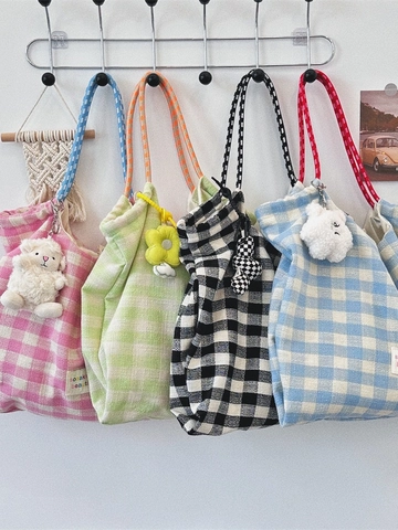 Grand Sac Cabas À Carreaux En Coton Et Lin Sac À Main Décontracté Avec Poignées En Corde Et Bouton Pression Pour Femme