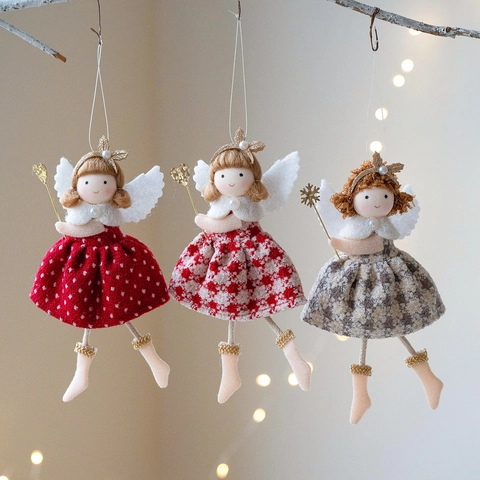 Decorazioni Appese Bambola Angelo Di Natale Tessuto Peluche Vestito A Quadri Pois Ali Corona Oro Bacchetta Albero