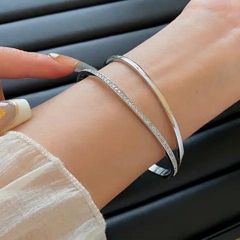 Doppelreihiger Offener Armreif Kupfer Echtgold Vergoldet Zirkonia Gepaart Minimalistischer Geometrischer Modeschmuck Damen