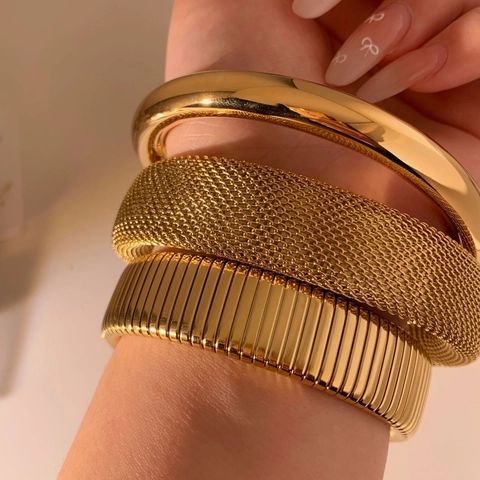 Stainless Steel Bangle Bracelets Polished Gold Silver Tone Mesh Weave Tubogas Texture Minimalist Trendy Women Jewelry
