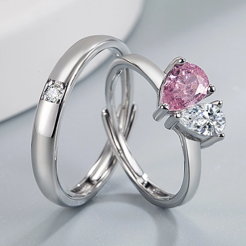 Copper Couple Rings Plated White Gold With Pink And White Zircon Heart Adjustable Open For Lovers