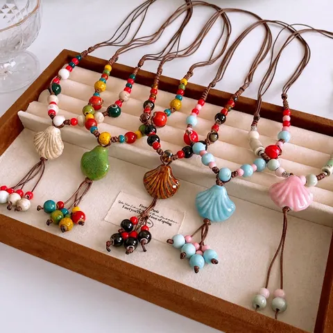 Collana Di Perline Di Ceramica Ciondolo A Conchiglia Nappina Fatto A Mano Stile Boho Vintage Catena In Corda Regolabile Gioielli Donne